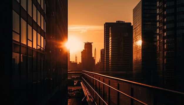 Foto la silhouette del grattacielo riflette la vita della città moderna al tramonto generata dall'intelligenza artificiale