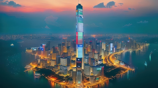 A skyscraper with a red and green sign that says'shanghai tower '