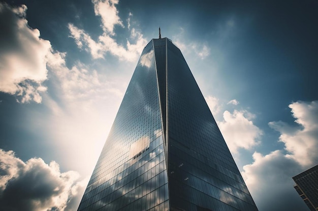 A skyscraper with the sky in the background