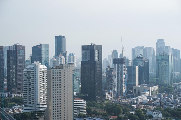 明るい空に照らされた街の高層ビル