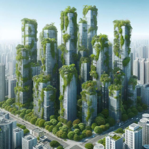 Photo skyscrapers of the city covered with green plants