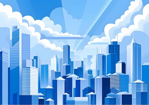 skyscrapers in the city in the style of skyblue flat shapes minimalist backgrounds flat