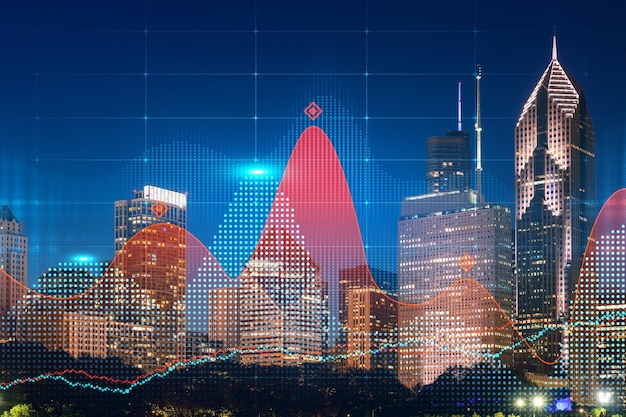 Skyscrapers Cityscape Downtown View Chicago Skyline Buildings Beautiful Real Estate Night time Forex Financial graph and chart hologram Business education concept