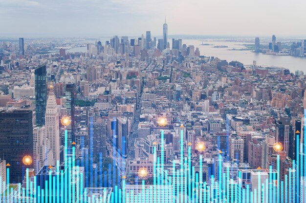 Skyscrapers cityscape downtown view new york skyline buildings\
beautiful real estate day time forex financial graph and chart\
hologram business education concept