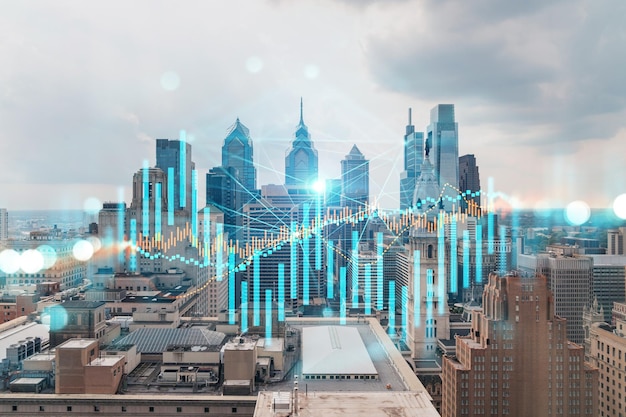 Skyscrapers Cityscape Downtown View Philadelphia Skyline Buildings Beautiful Real Estate Day time Forex Financial graph and chart hologram Business education concept