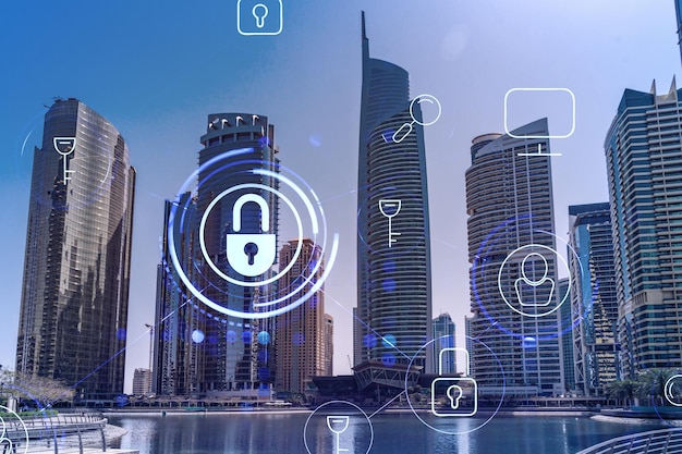 Skyscrapers of Dubai business downtown International hub of trading and financial services Lock icon hologram concept of datum security Double exposure Dubai Canal waterfront