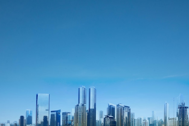 Skyscrapers and modern buildings with the blue sky background