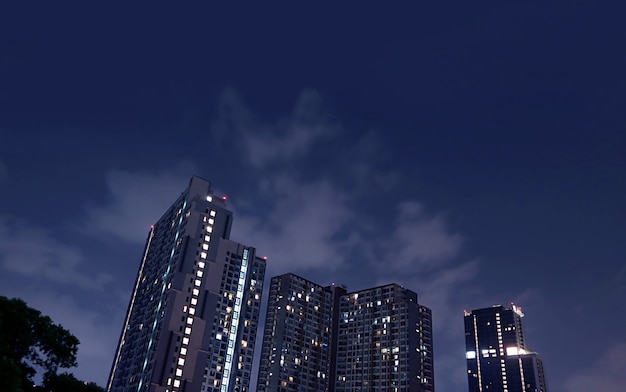 Skyscrapers at Night with Dark Blue Sky in the Backdrop