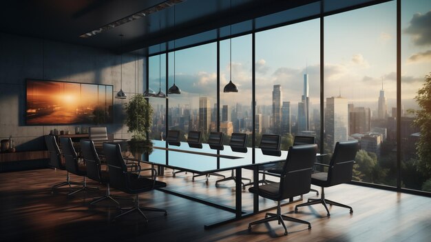 Skyscrapers panoramic windows conference table ai generated background image