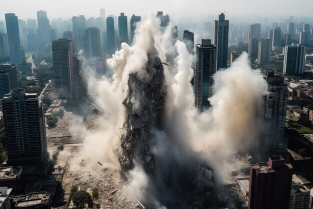 Skyscrapers remains postcollapse echoing narratives of urban tragedy and resilience