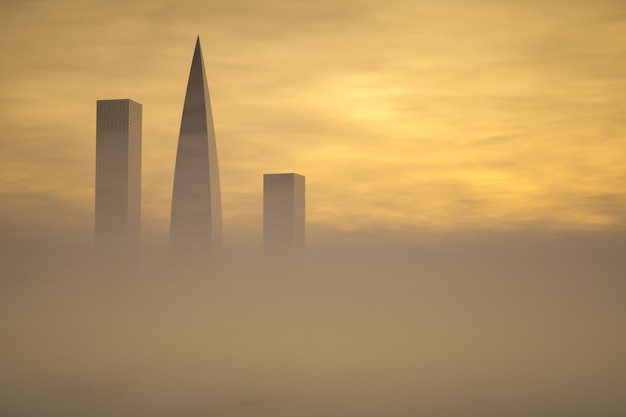 Grattacieli che spuntano dalla nebbia. paesaggio urbano epico. città addormentata