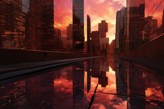 Photo skyscrapers with dramatic sunset reflections created with generative ai