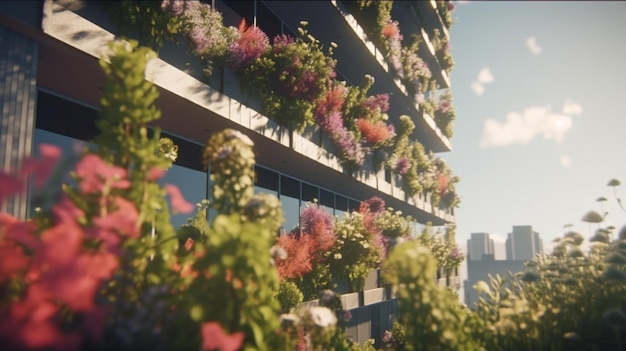 Skyscrapers with flowers and vegetation along balconies