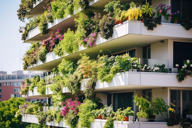 Skyscrapers with flowers and vegetation along balconies