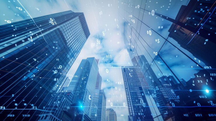 Photo skyscrapers with superimposed graphs and numerical data illustrating a concept of the business district in a city with a focus on finance and market trends