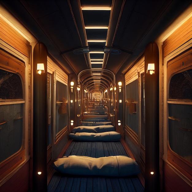 Skyship interior corridor to several sleeping cabins