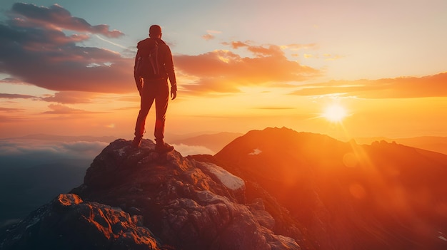 Skyward Journey Traveler Standing Tall Against Sunset Sky