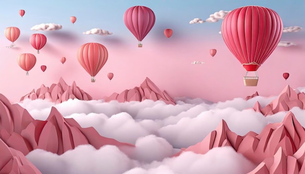 Горяче-воздушные воздушные шары спокойно плавают над облаками, отправляясь в мечтательное путешествие по голубому небу