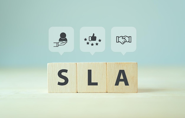 SLA (서비스 레벨 계약) - 서비스 레벨 계약 (SLA) 의 상징과 줄임말을 가진 나무 큐브