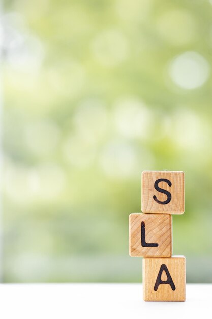 SLA word is written on wooden cubes on a green summer background Closeup of wooden elements