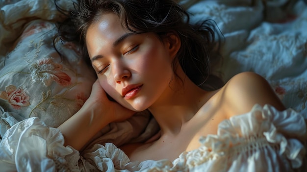Slaapend volwassen meisje zonnig ochtendlicht op het gezicht van vrouwen Wereld Slaapdag concept