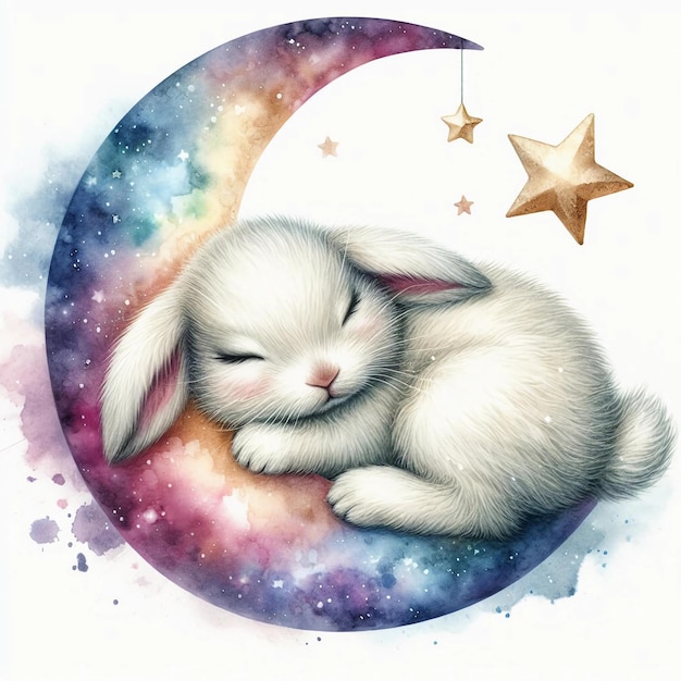 Slaapende Baby Bunny Waterverf Clipart Ai gegenereerd