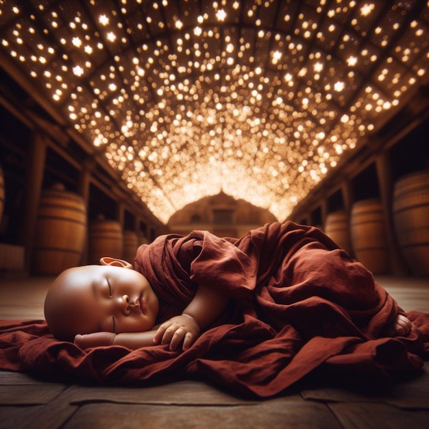 Slaapende baby monnik onder een bladerdak van sterren