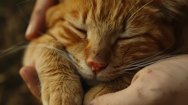 Slaapende Ginger Cat Cradled in Human Hand Getuige de serene schoonheid van een ginger kat als het vreedzaam