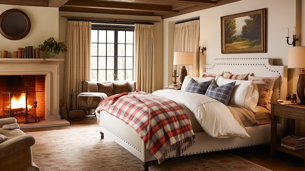 Slaapkamer decor interieurontwerp en vakantie verhuur klassiek bed met elegante pluche beddengoed en meubels Engels landhuis en cottage stijl idee