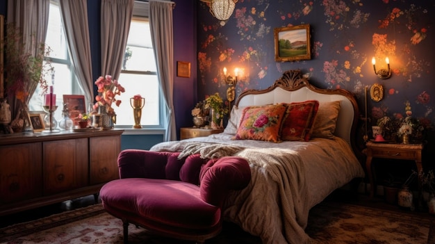 Slaapkamer decor thuis interieurontwerp Art Nouveau Boheemse stijl met behang versierd met messing en fluweel materiaal Generatieve AI AIG26