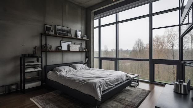 Slaapkamer decor thuis interieurontwerp Moderne industriële stijl met grote vloer en plafond Vensters versierd met beton en metaal materiaal Generatieve AI AIG26