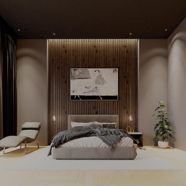 Slaapkamer design houten wand achter het bed