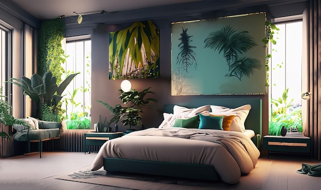 Slaapkamer interieur in jungle stijl
