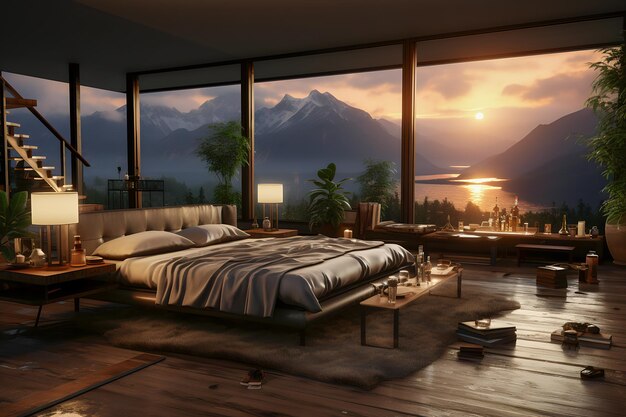 slaapkamer interieur met uitzicht op de bergen
