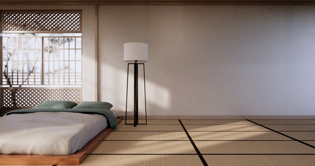 Foto slaapkamer japans ontwerp op tropische kamer interieur en tatami mat vloer. 3d-rendering