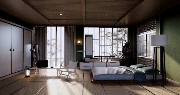 Slaapkamer Japanse minimalistische stijl., Moderne groene muur en houten vloer, minimalistische kamer. 3D-rendering