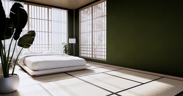 Slaapkamer Japanse minimalistische stijl., Moderne groene muur en houten vloer, minimalistische kamer. 3D-rendering