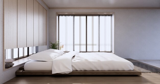 Slaapkamer Japanse minimalistische stijl., Moderne witte muur en houten vloer, minimalistische kamer. 3D-rendering