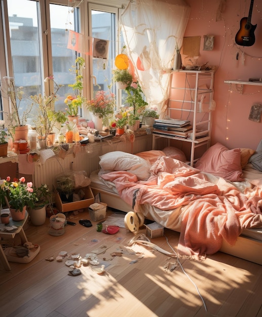 Foto slaapkamer met bed en overvloedige planten