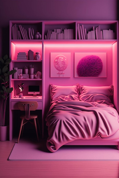 Slaapkamer met een keurig opgemaakt bed en een boekenplank generatieve ai