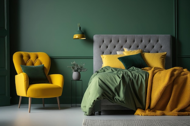 Slaapkamer met groen bed, gele fauteuil en lege donkergele muur voor kunst met een staande lamp