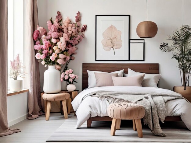 Slaapkamer met modern interieur Bloemen op houten kruk en pouf op witte achtergrond met posterframe