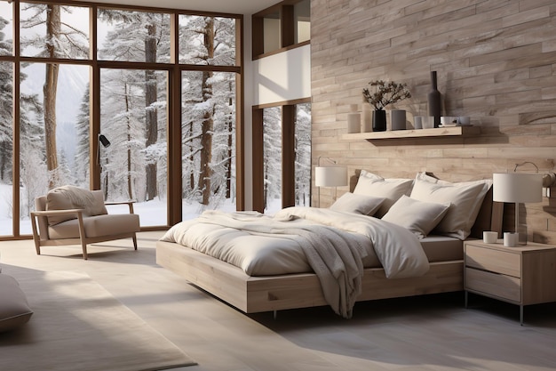 Slaapkamer ontworpen in de stijl van de Scandinavische landen met natuurlijke materialen warme sfeer onroerend goed