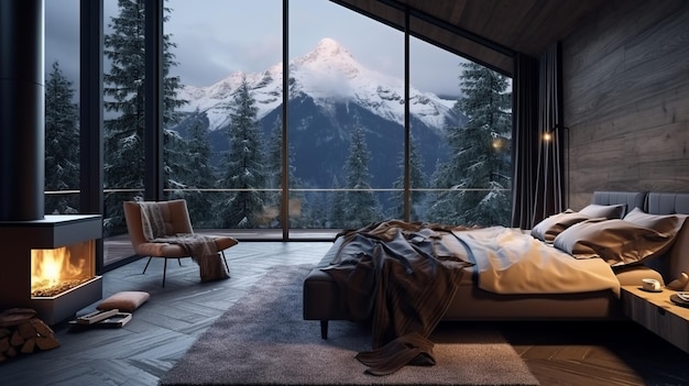 Slaapkamer op modern interieur huis in de bergen groot panoramisch raam met uitzicht op het bos en de bergen