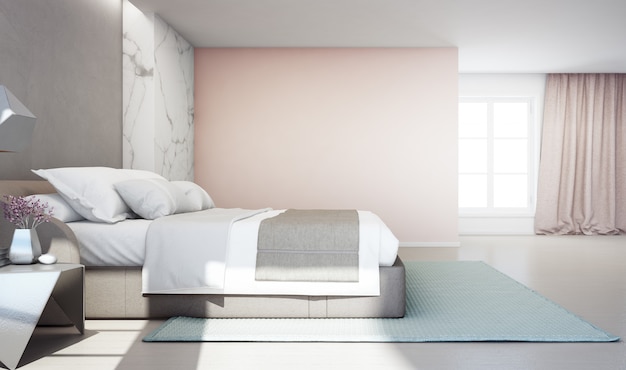 Slaapkamer van luxe huis met tweepersoonsbed en tapijt op houten vloer.