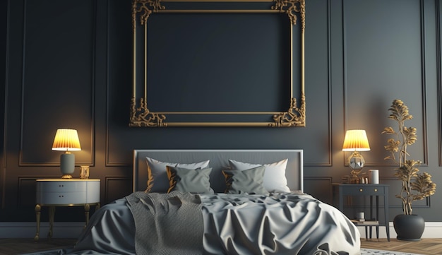 Slaapkamerdecoratie met leeg frame interieur generatieve Ai