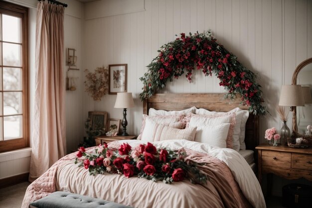 Foto slaapkamerdecoratie voor valentijnsdag op de boerderij met rode rozen en een hartvormige ballon