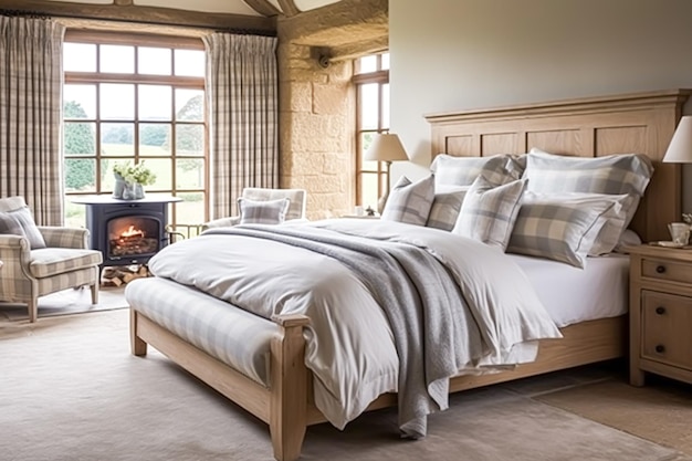Slaapkamerinrichting interieurontwerp en vakantieverhuur klassiek bed met elegant pluche beddengoed en meubilair Engelse landhuis- en cottage-stijl