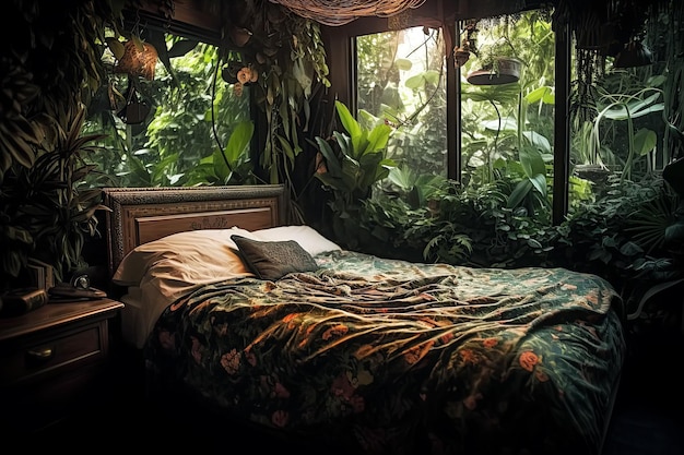 Slaapkamerinterieur met fantastische planten en jungle erin Reisdromen Generatieve AI