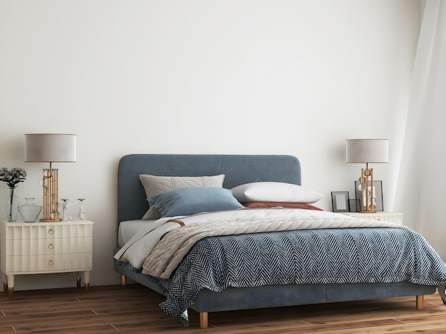 Foto slaapkamerinterieurmodel met blauw bed en deken en luxe lampen